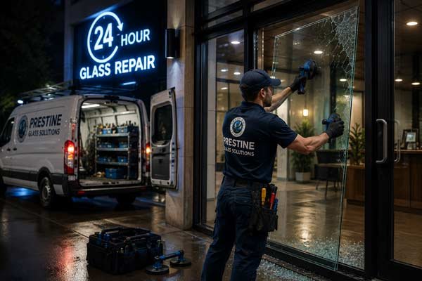 24 hour glass repair on a storefront at night