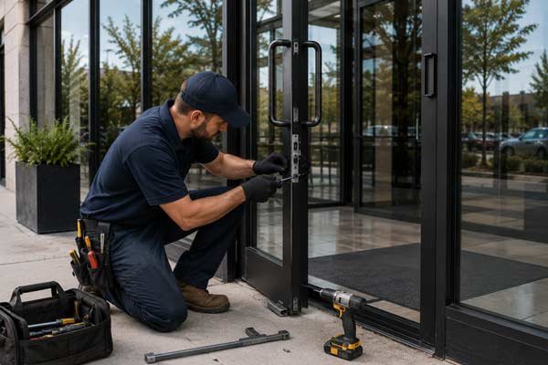 Aluminum storefront door repair by a Prestine Glass technician