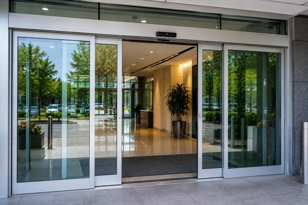 Automatic sliding glass doors at a commercial building entrance