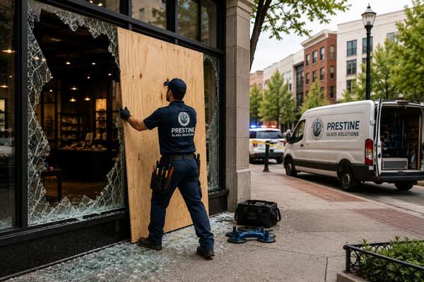 Technician boarding up a storefront door after a break-in