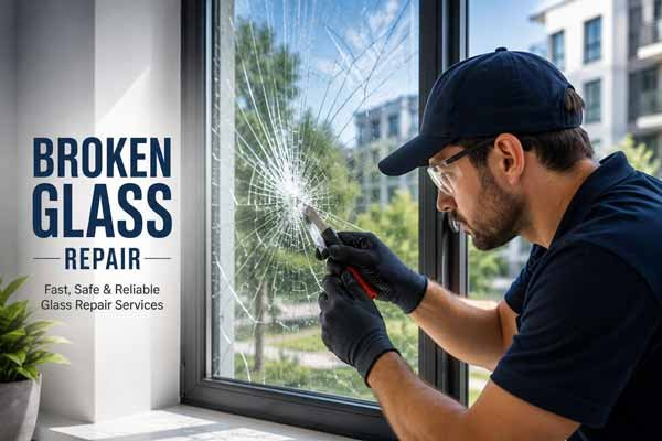 Technician repairing a broken window glass pane in a home