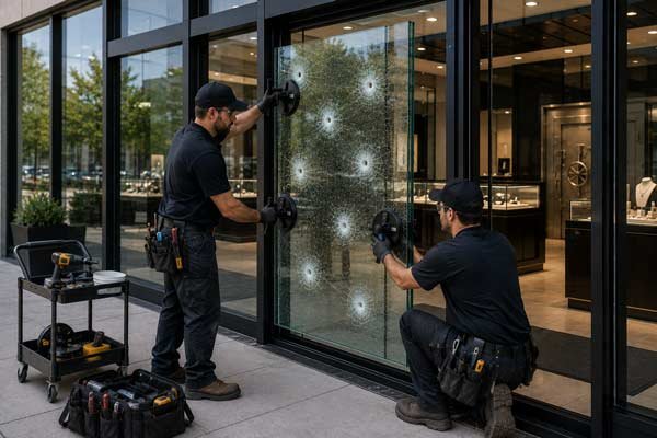 Bullet-resistant glass panel being installed on a commercial storefront