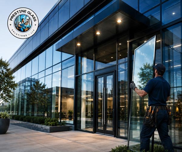 Prestine Glass technician inspecting a commercial glass storefront entrance