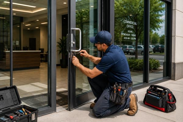 Commercial door repair on a storefront entrance by a Prestine Glass technician