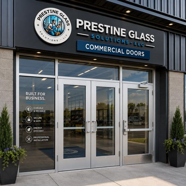 Double commercial glass doors installed by Prestine Glass Solutions