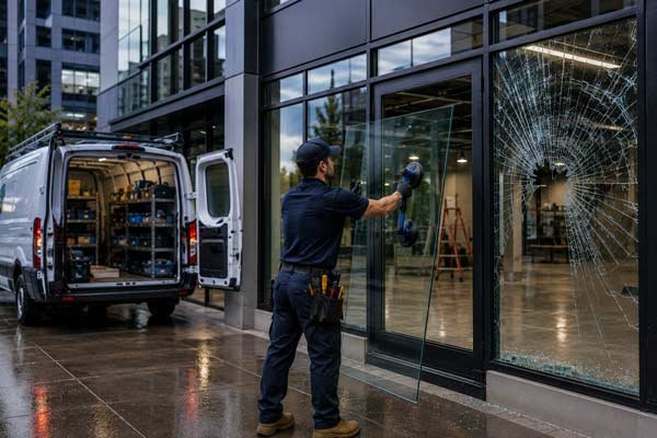 Commercial emergency glass repair on a storefront at night