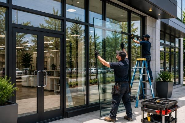 Commercial storefront glass upgrade by a Prestine Glass technician