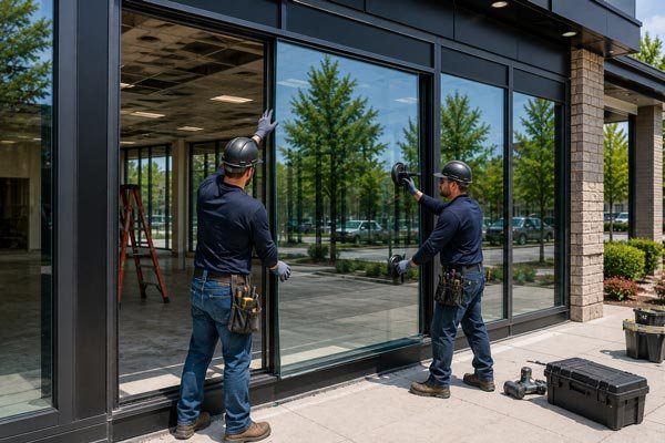 Commercial window installation on a retail storefront