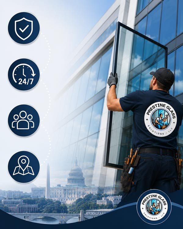 Prestine Glass technician on a high-rise window with the US Capitol in the background