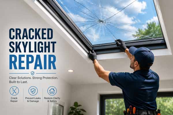 Cracked skylight glass repair by a Prestine Glass technician