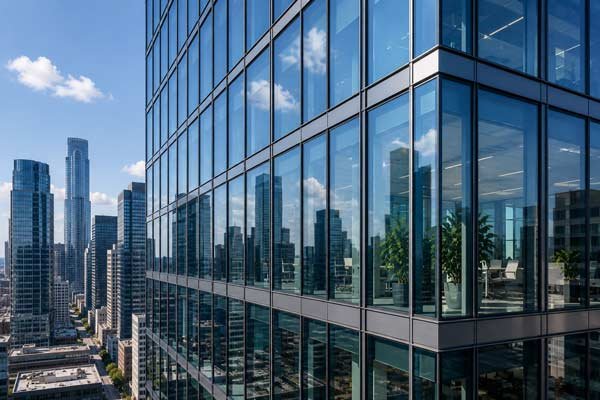Curtain wall and high-rise windows on a glass office tower