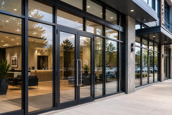Custom aluminum storefront system with glass entry doors