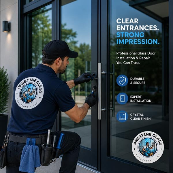 Prestine Glass technician adjusting a commercial glass entry door