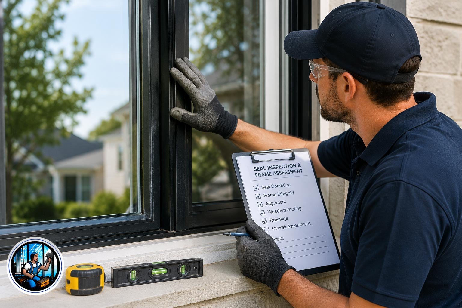 Glazier measuring a window for double-pane glass replacement