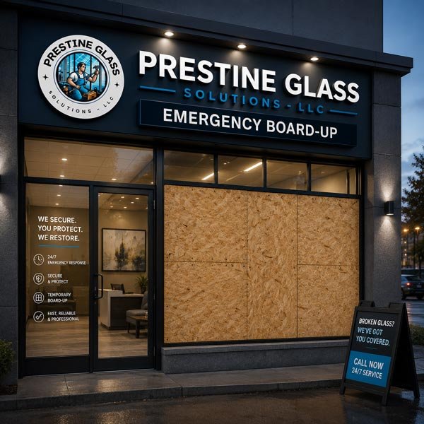 Storefront window boarded up with plywood after emergency board-up service