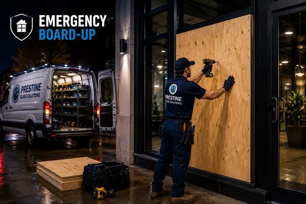 Emergency board-up of a storefront door by a Prestine Glass technician