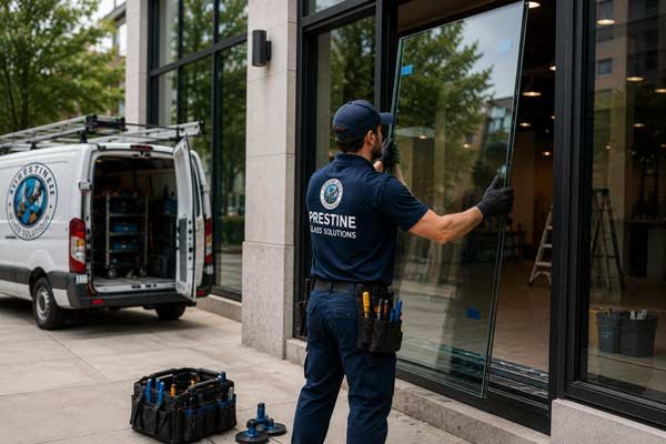 Emergency glass replacement on a commercial storefront by a technician