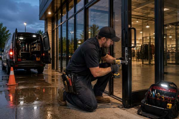 Emergency storefront door repair at night by Prestine Glass Solutions