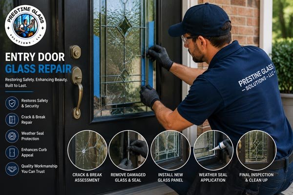 Entry door glass repair on a residential front door
