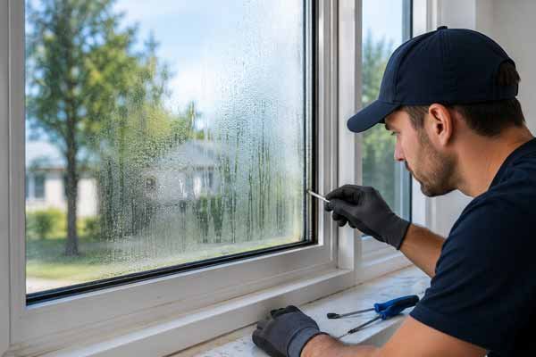 Technician inspecting a foggy double-pane window before glass replacement