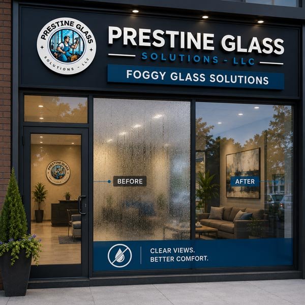 Before and after comparison of foggy glass replacement on a storefront window