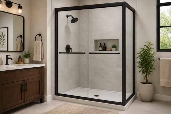 Framed glass shower doors installed in a bathroom