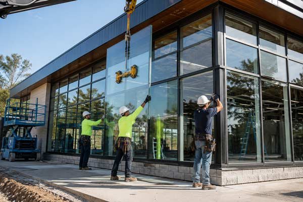 Full commercial window installation on a building using a crane