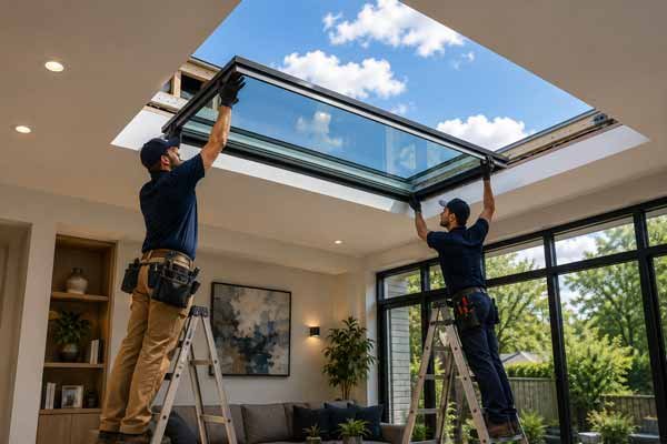 Technicians lifting a full replacement skylight into a roof opening