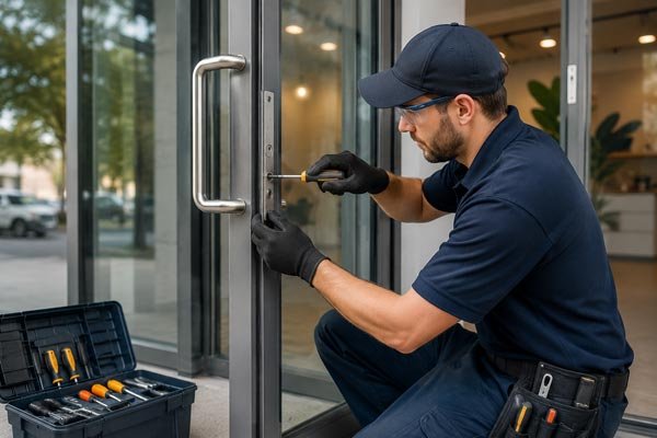 Technician repairing a glass door handle and lock