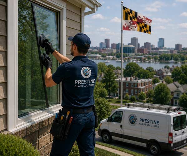 Prestine Glass technician installing window glass with a Maryland flag nearby