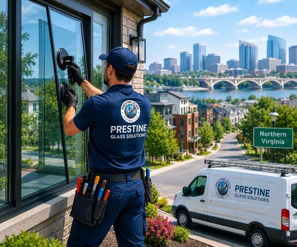 Prestine Glass Solutions technician working on a window in Northern Virginia