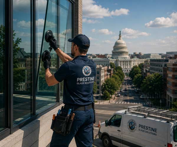 Prestine Glass technician installing window glass with the US Capitol in view