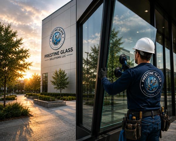 Prestine Glass Solutions technician installing storefront glass at golden hour in Washington DC