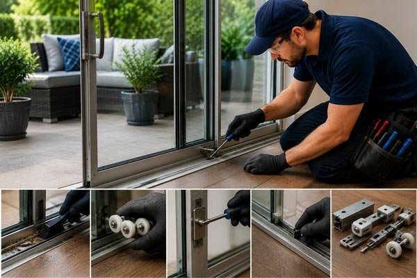 Sliding door hardware and track repair by a technician