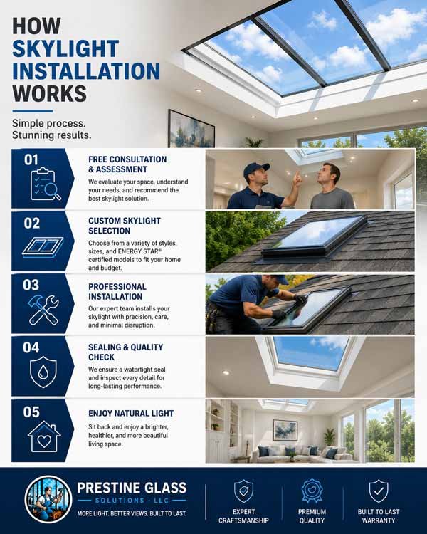 Five-step skylight installation process at Prestine Glass Solutions