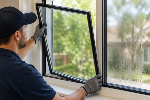 Technician removing an old insulated glass unit for replacement