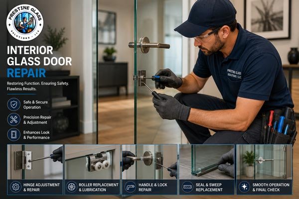 Interior glass door repair by a Prestine Glass technician