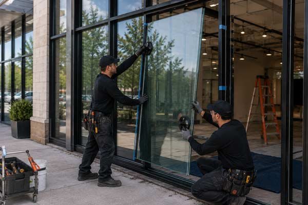 Laminated glass installation on a commercial building