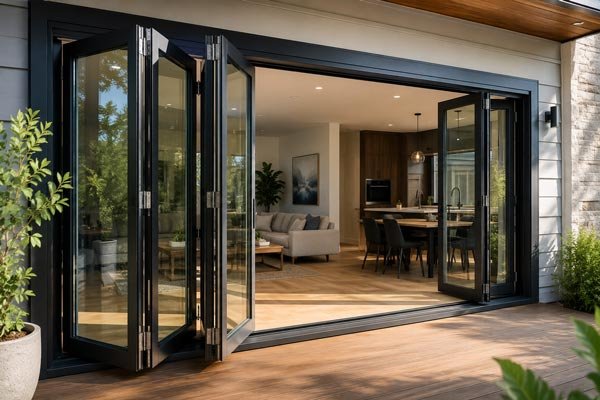 Multi-panel bi-fold patio doors opening onto a deck