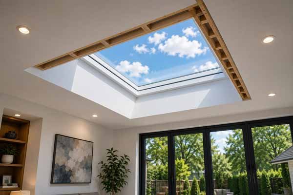 Newly installed skylight in a living room ceiling letting in daylight