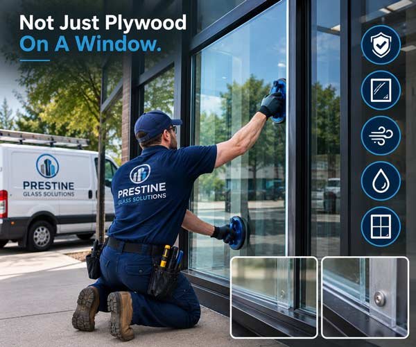 Prestine Glass emergency board-up with commercial-grade plywood on a storefront