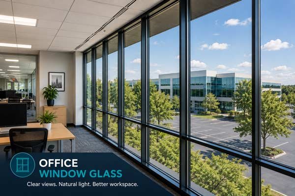 Office window glass with a view of a business park