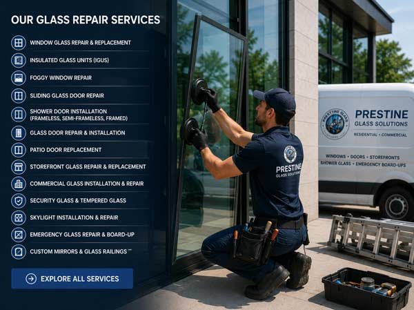 Our glass repair services list with a technician at a storefront