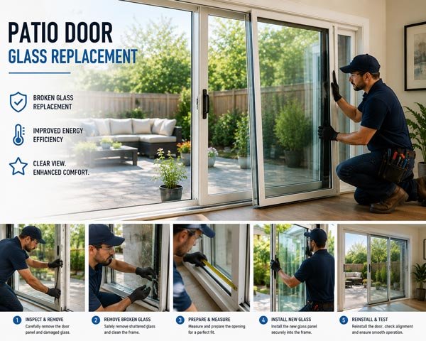 Patio door glass replacement steps by Prestine Glass Solutions