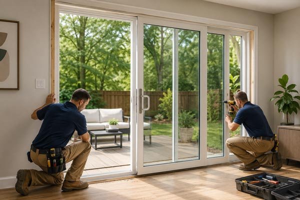 Technician fitting a replacement sliding patio door in a living room