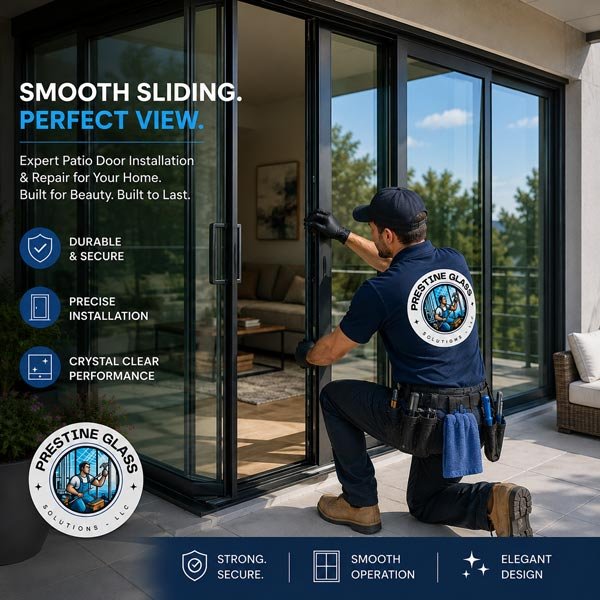 Technician fitting a sliding patio door in a home