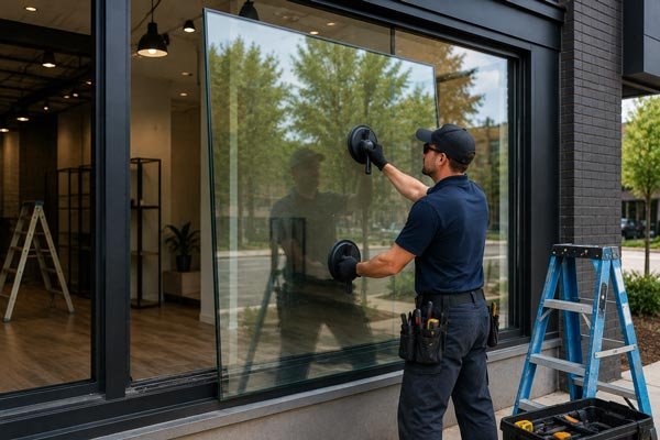 Technician replacing plate glass on a storefront window