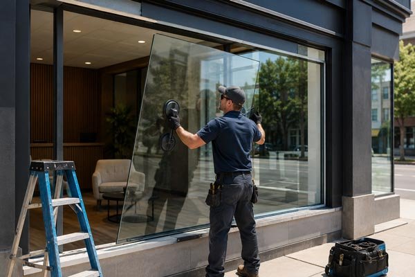 Plate glass replacement on a commercial building by two technicians