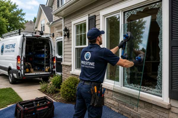 Residential emergency glass repair by a Prestine Glass technician