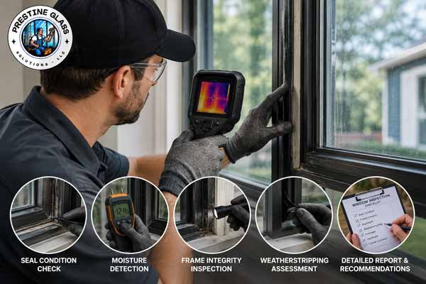 Technician using a thermal camera for window seal inspection and frame assessment